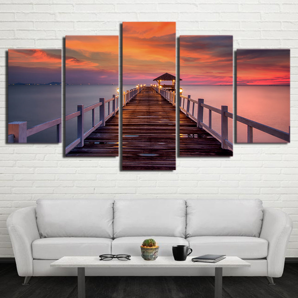HD Printed 5 Piece Canvas Art Sea Wooden Walkway bridge sunset Painting Wall Pictures for Living Room  NY-6803A