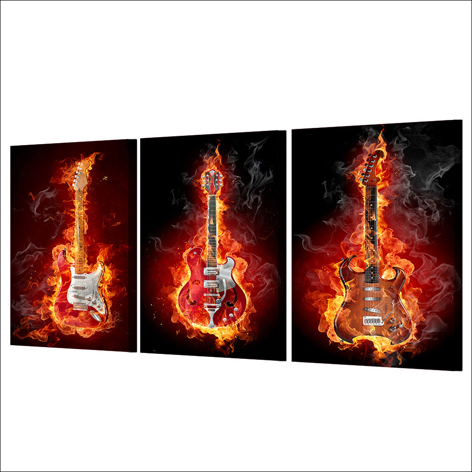 HD printed 3 piece Fire Music Guitar Burning Flame Wall Pictures for Living Room Game Posters and Prints Free Shipping ny-6756D