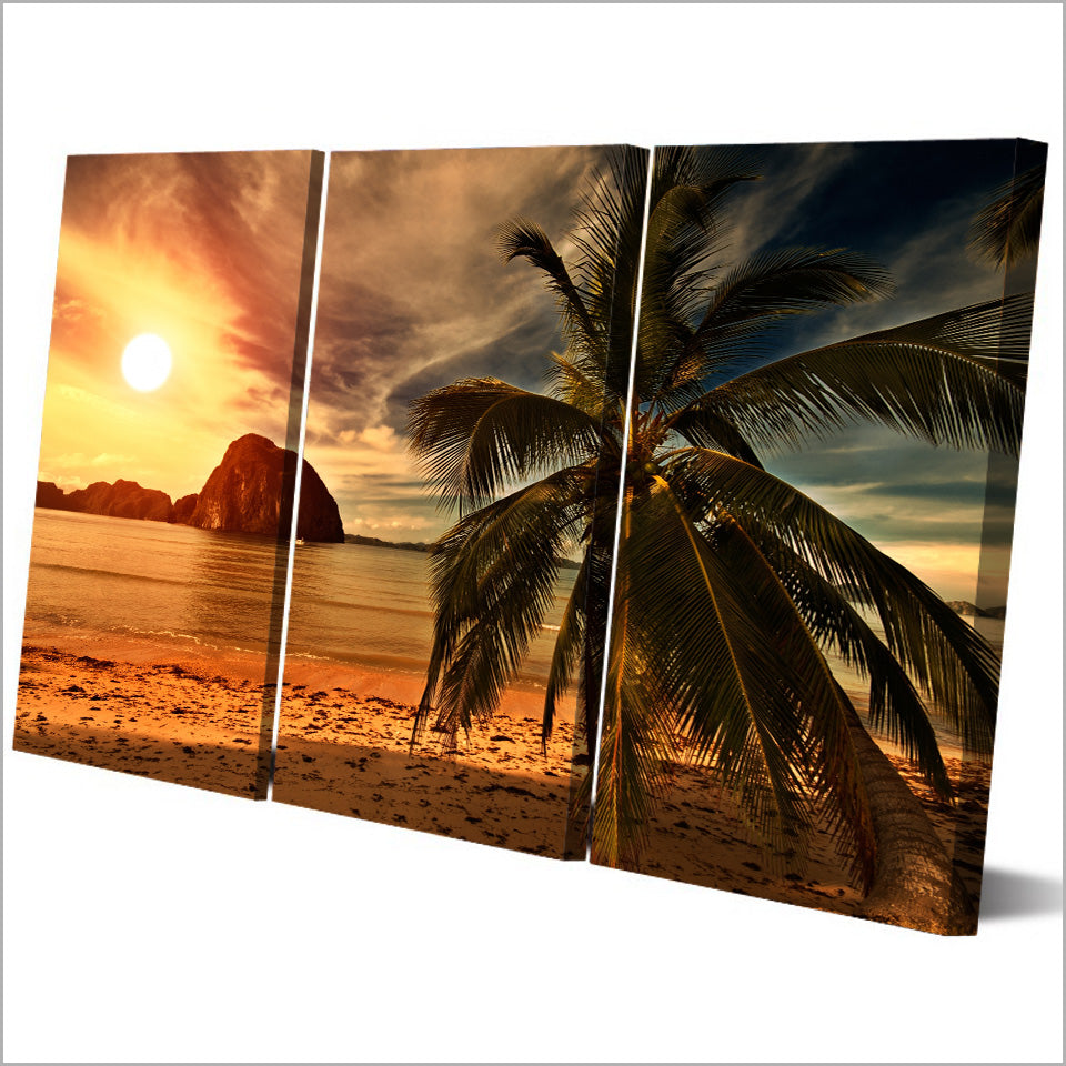 HD printed 3 piece Sunset Beach Coconut Trees Modular Wall Paintings Canvas Home Decor Posters and Prints Free Shipping ny-6787D