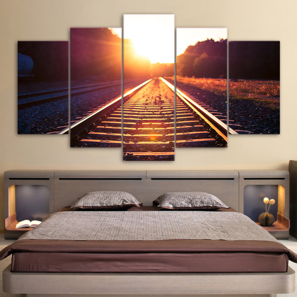 HD Printed 5 Piece Canvas Art Track Train Morning Dawn Painting Wall Pictures for Living Room Wall Poster Free Shipping NY-6926B