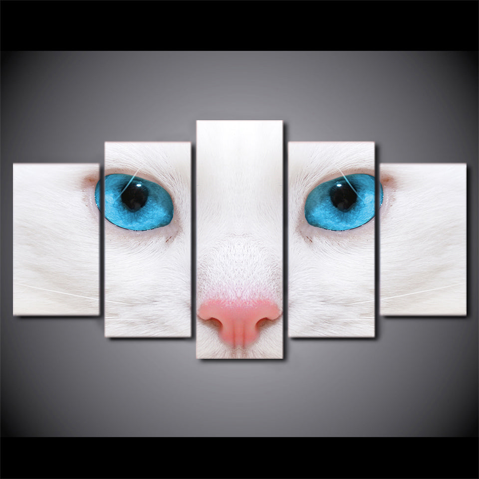 HD Printed 5 Piece Canvas Art White Cat Blue Eyes Painting Framed Wall Pictures for Living Room Modern Free Shipping NY-6961C