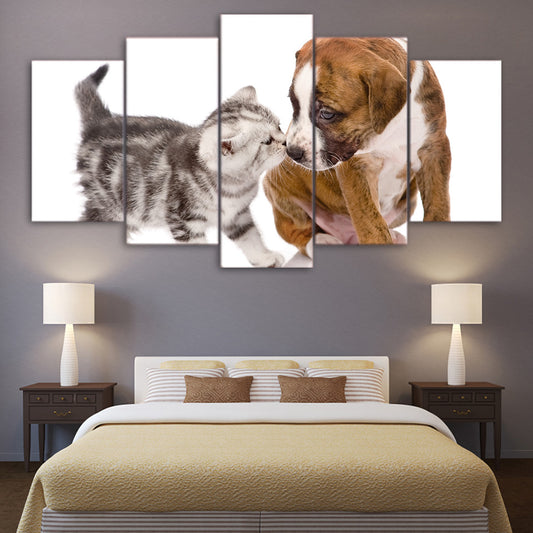 HD Printed 5 Piece Canvas Art Cute Dog Kiss Cat Painting Framed  Wall Pictures for Living Room Modern Free Shipping NY-6962A