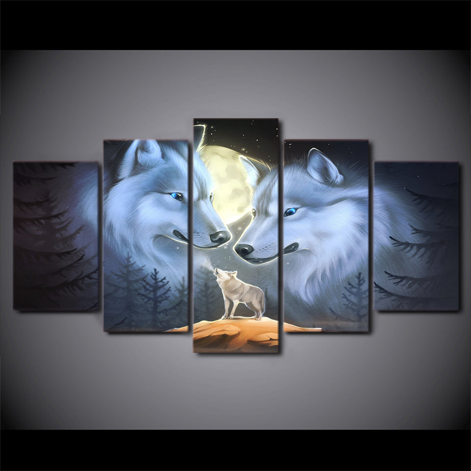 HD Printed 5 Piece Canvas Art Abstract White Wolf Couple Painting Moon Wall Pictures for Living Room Free Shipping CU-1676A