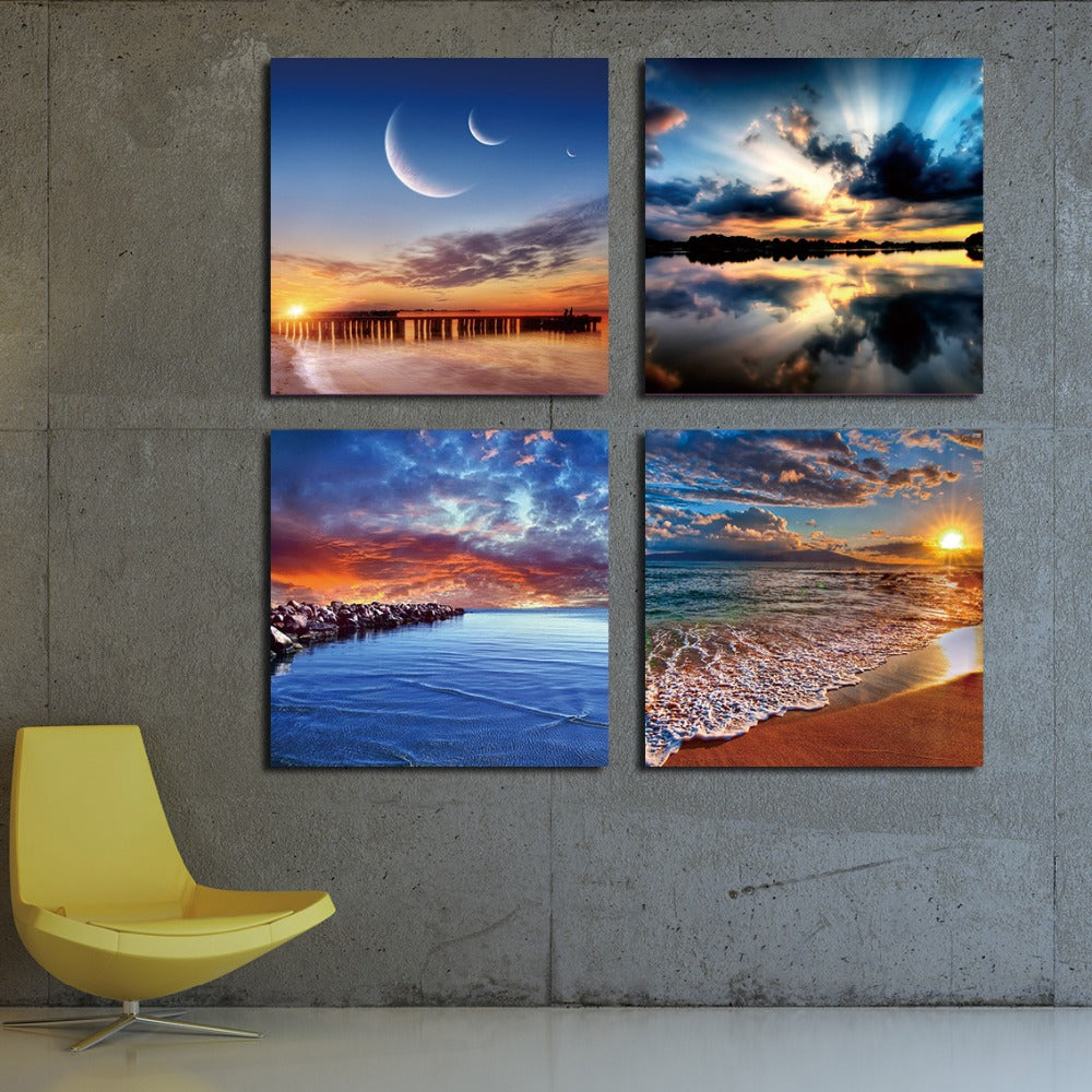 4 Panel Modern Sea Wave Painting Pictures Homd Decor Cuadros Wall Art Ocean Sunset Painting Canvas Prints Unframed