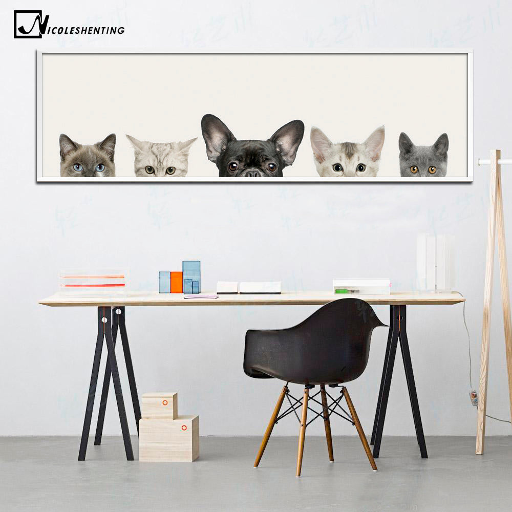 Kawaii Animals Cat Dog Poster Minimalist Art Canvas Painting Wall Picture Long Banner Print Modern Home Room Decoration 391