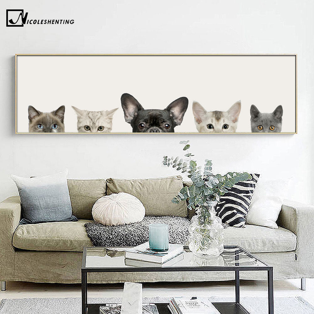 Kawaii Animals Cat Dog Poster Minimalist Art Canvas Painting Wall Picture Long Banner Print Modern Home Room Decoration 391