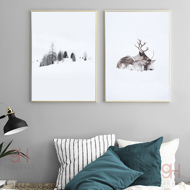 900D Posters And Prints Wall Art Canvas Painting Wall Pictures Nordic Winner Forest and Deer Picture Decoration NOR019