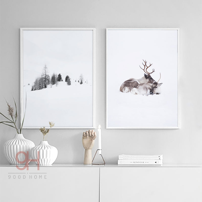 900D Posters And Prints Wall Art Canvas Painting Wall Pictures Nordic Winner Forest and Deer Picture Decoration NOR019