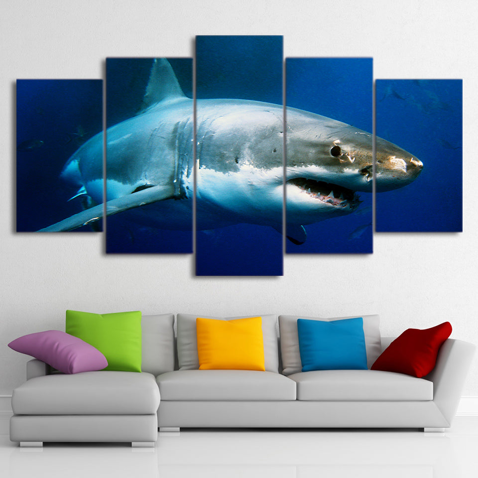 HD Printed 5 Piece Canvas Blue Ocean White Shark Painting Framed Wall Pictures for Living Room Modern Free Shipping CU-1711B
