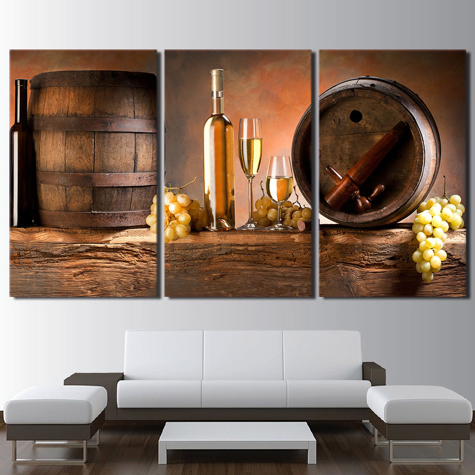 3 piece canvas art grape wine glasses barrels canvas painting posters and prints wall picture for living room ny-6655D