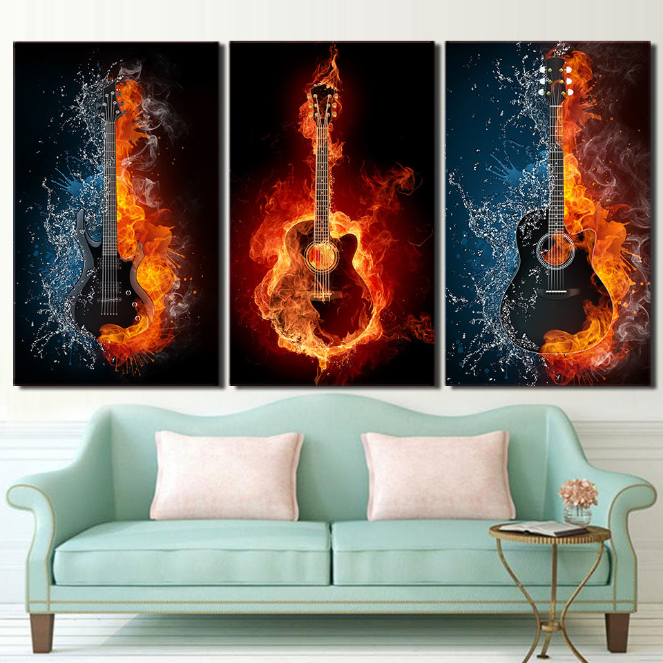 HD printed 3 Piece Burning Flame Game Music Guitar Canvas Painting for Living Room Posters and Prints Free Shipping ny-6754D