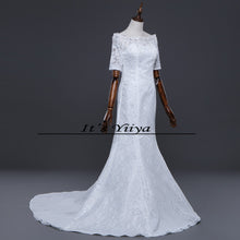 Load image into Gallery viewer, Free SHIPPING New Boat Neck White Red Wedding Frocks Vestidos De Novia Mermaid Train Dresses Half Sleeves Trailing Gowns XXN157
