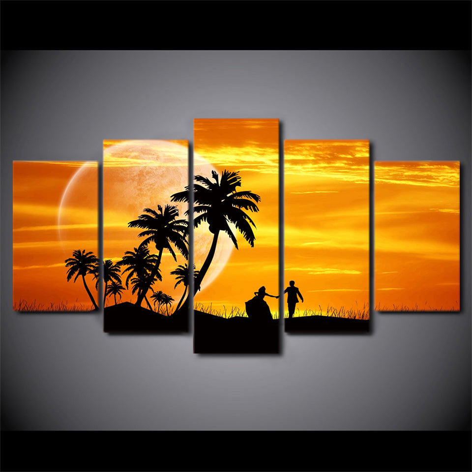 HD Printed 5 Piece Canvas Art Sunset Couple Coconut Tree Moon dusk Painting Wall Pictures for Living Room Free Shipping NY-6797A