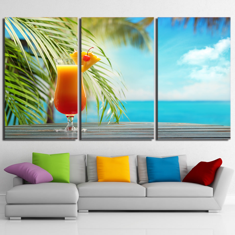 HD Printed 3 Piece Canvas Art Fruit Drink Painting Tropical Beach Seascape Wall Pictures for Living Room Free shipping NY-6970D