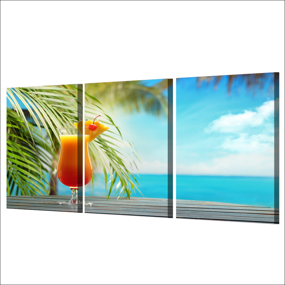 HD Printed 3 Piece Canvas Art Fruit Drink Painting Tropical Beach Seascape Wall Pictures for Living Room Free shipping NY-6970D
