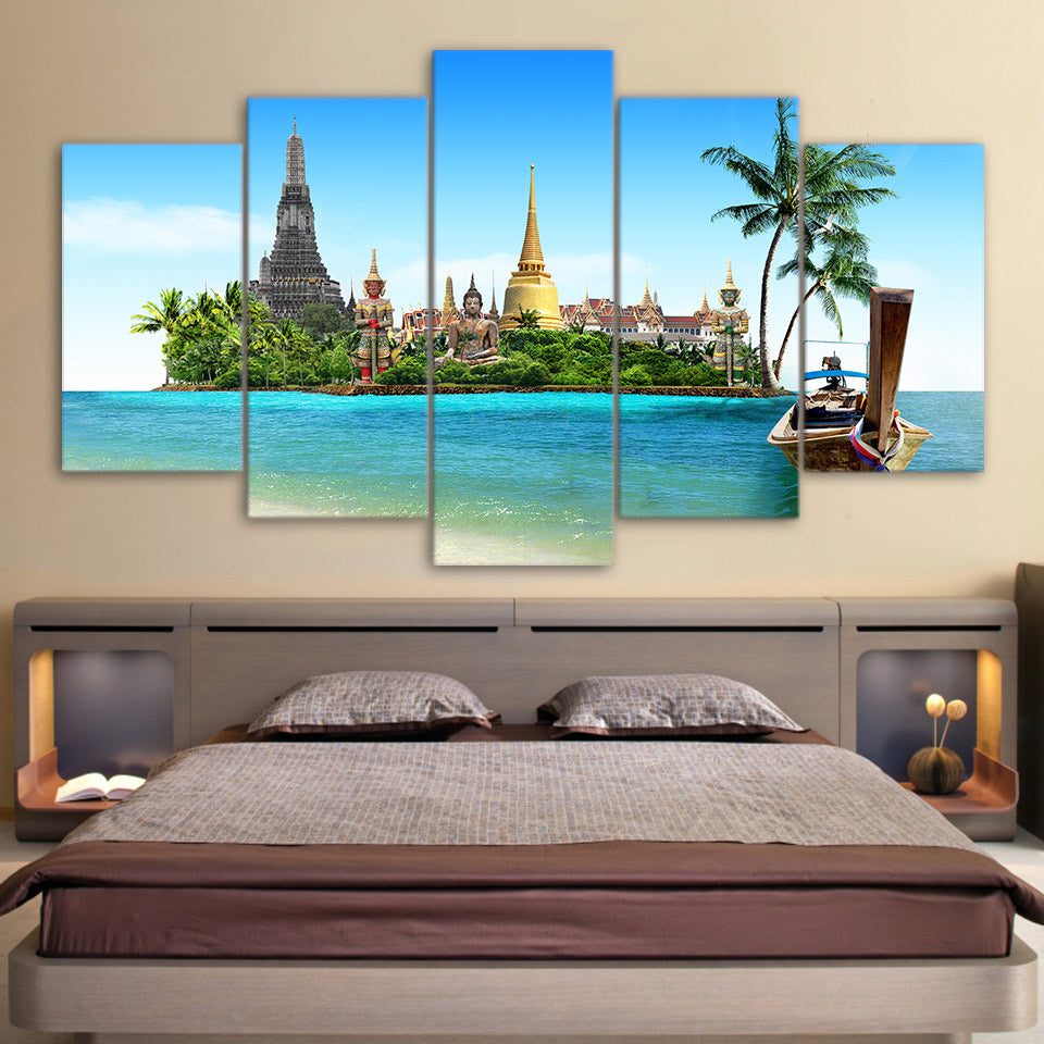 HD Printed 5 Piece Canvas Art Thiland Pattay Buddha Temple in sea painting pictures for Living Room Free Shipping NY-7033C