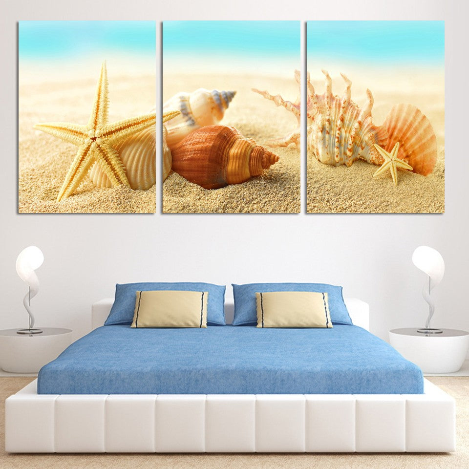 Free shipping 3 panels home decorative oil painting starfish and beach printed on canvas wall painting no frame canvas painting