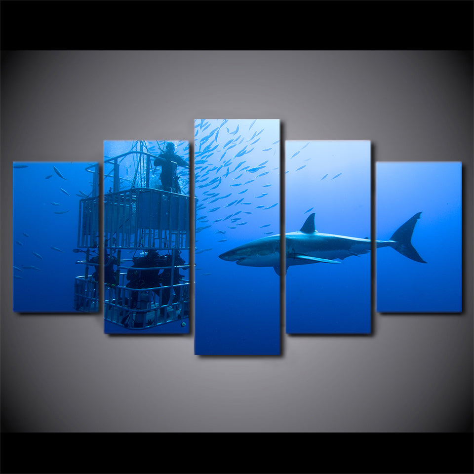 HD Printed 5 Piece Canvas Art Large Shark Painting Deep Blue Ocean Wall Pictures for Living Room Free Shipping CU-1756B