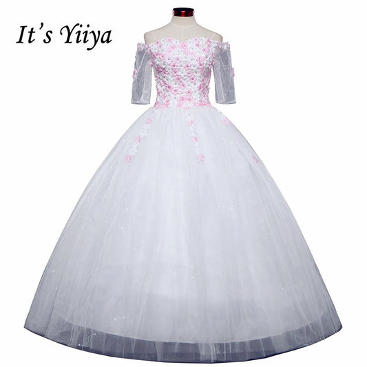 Free Shipping 2017 Vestidos De Novia Boat neck  Flower Tulle Sleeves Wedding Dresses White Cheap Bride Frocks Plus size H606