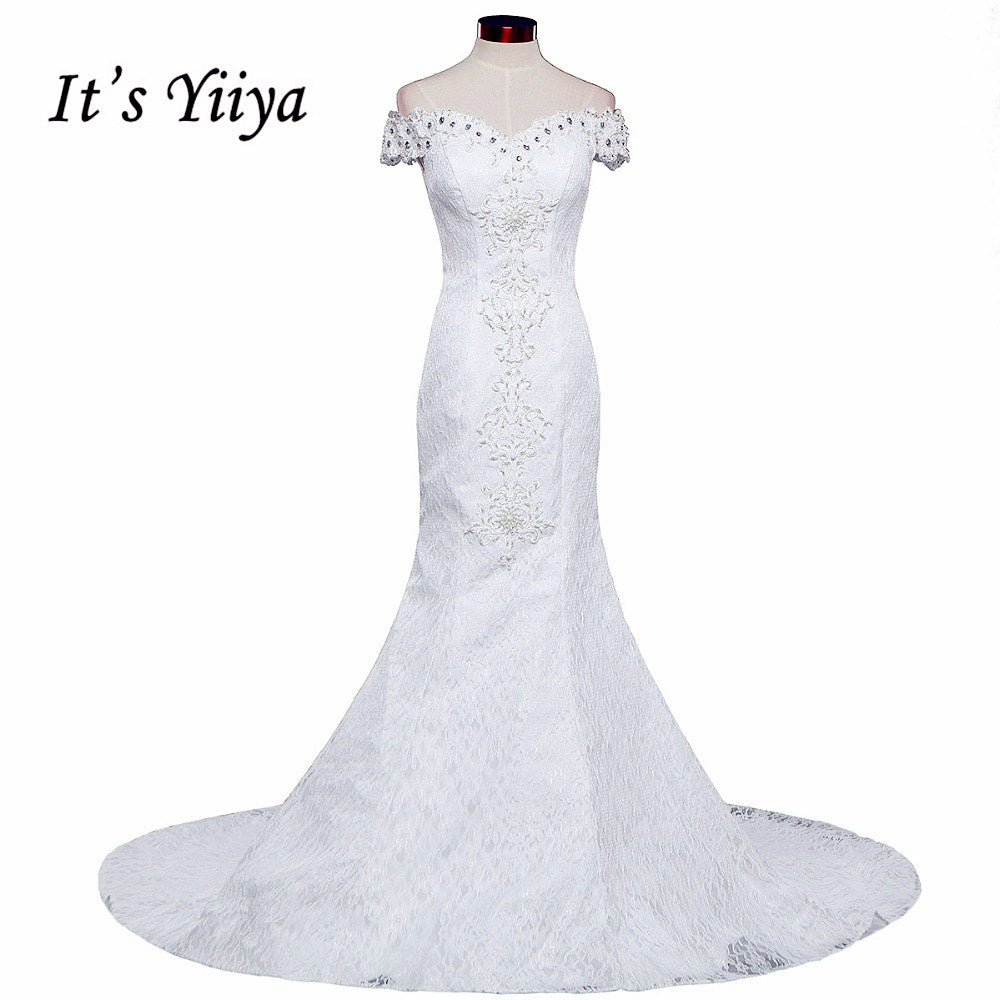 Free Shipping Vestidos De Novia New Mermaid Boat Neck Train Wedding Dress Lace Trailing Bride Gowns Custom Made D209