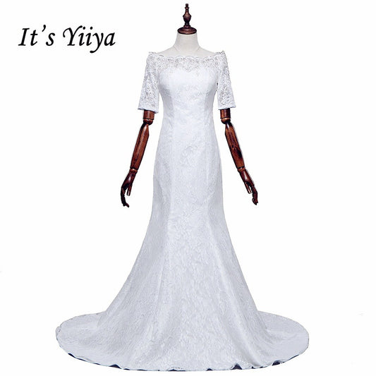 Free SHIPPING New Boat Neck White Red Wedding Frocks Vestidos De Novia Mermaid Train Dresses Half Sleeves Trailing Gowns XXN157