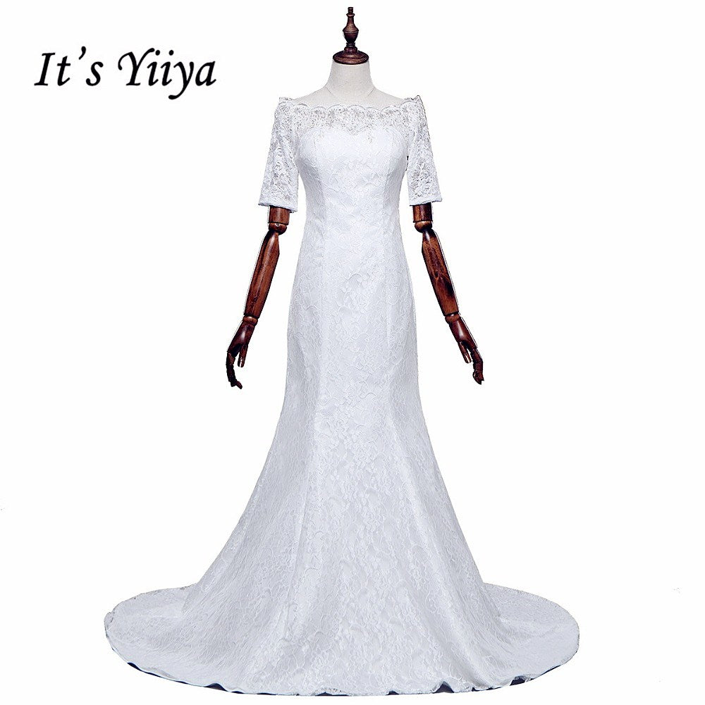Free SHIPPING New Boat Neck White Red Wedding Frocks Vestidos De Novia Mermaid Train Dresses Half Sleeves Trailing Gowns XXN157