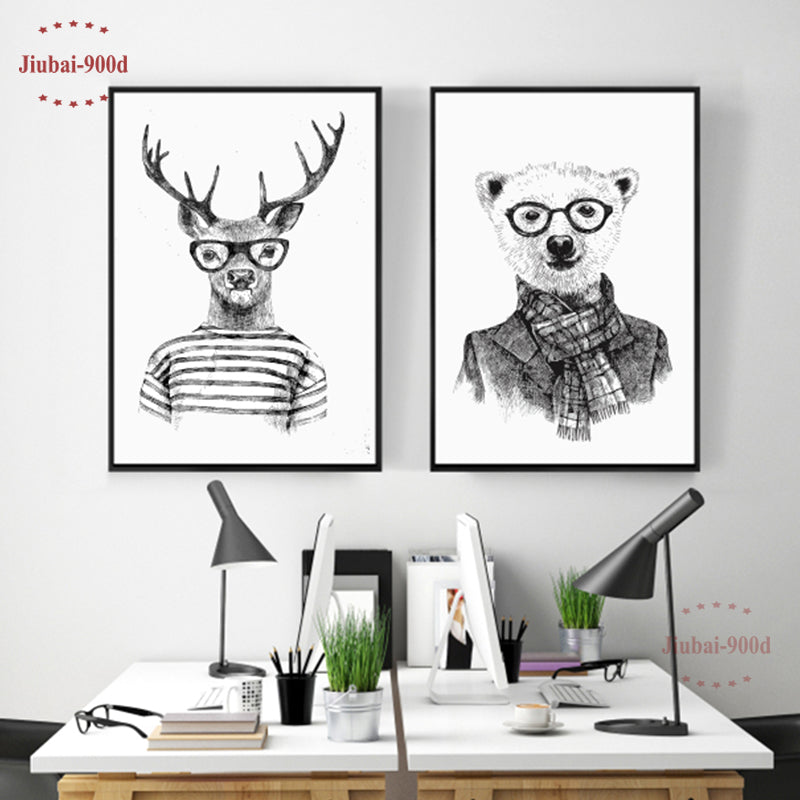 Hand draw Animals Canvas Art Print Poster,  Deer And Polar Bear Set Wall Pictures for Home Decoration, Giclee Wall Decor DE009
