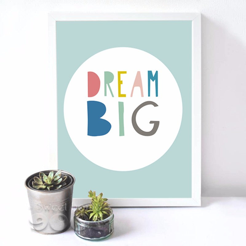 Cartoon Dream Big Quote Canvas Art Print Poster, Nursery Wall Pictures for Child home Decoration, Wall Decor FA14-2