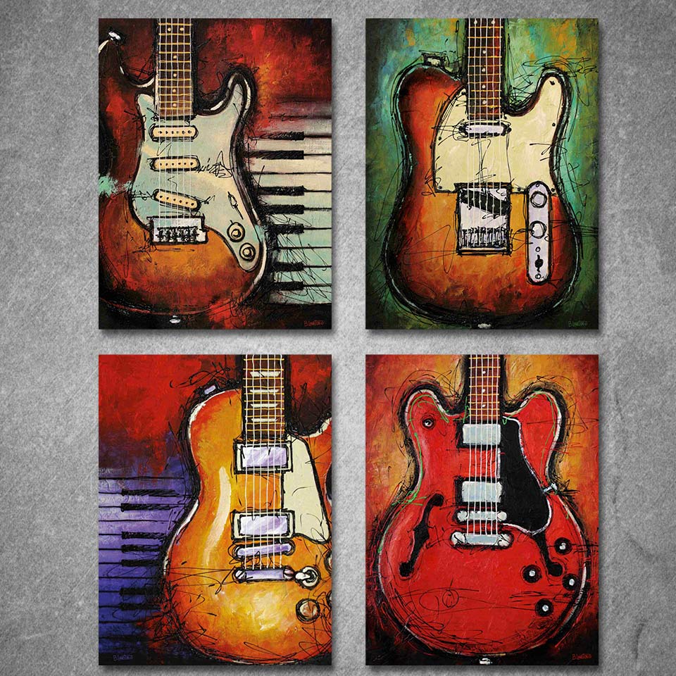 HD printed 4 piece canvas art  Abstract Guitar painting wall pictures for living room modern free shipping/CU-1674F
