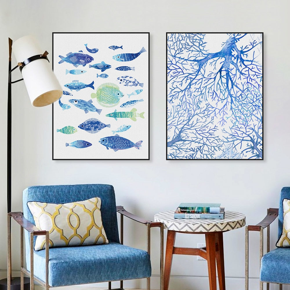 Watercolor Fish Ocean Coral Wooden Framed Canvas Paintings Modern Nordic Home Decor Large Wall Art Print Pictures Poster Scroll