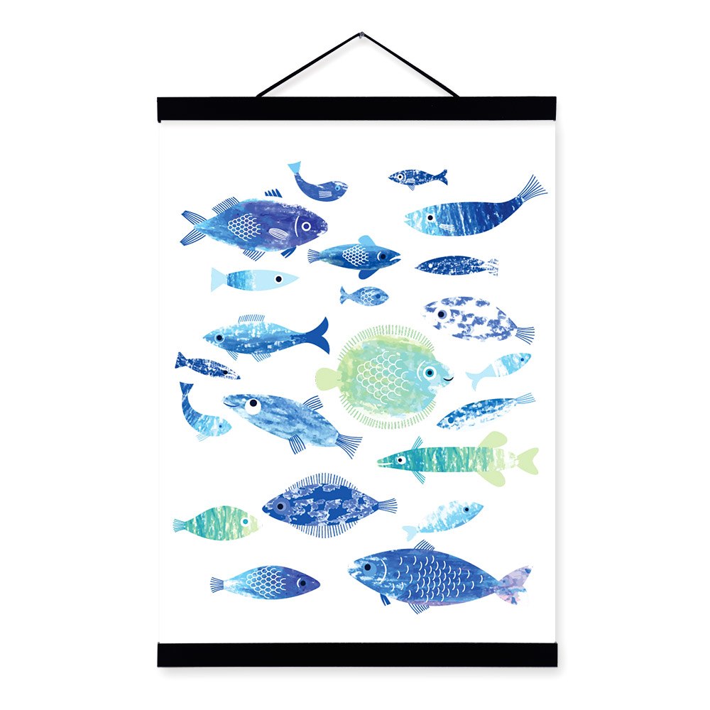 Watercolor Fish Ocean Coral Wooden Framed Canvas Paintings Modern Nordic Home Decor Large Wall Art Print Pictures Poster Scroll
