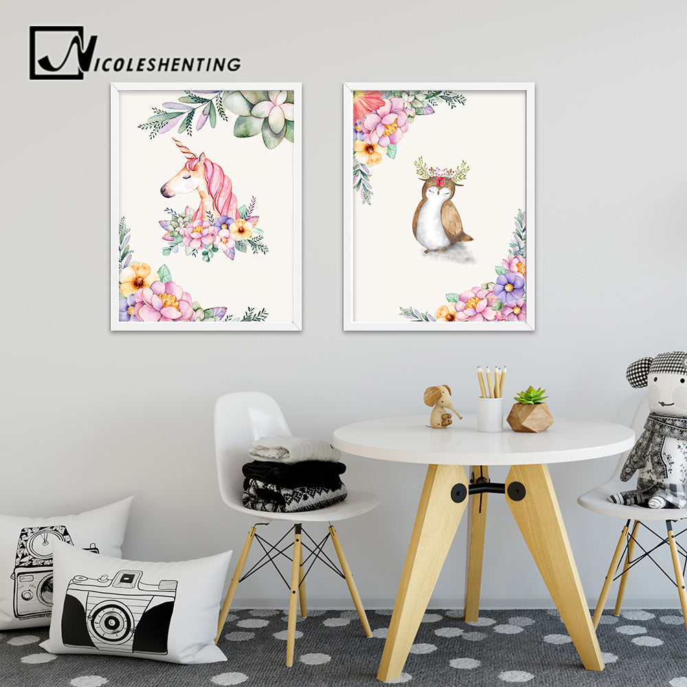 Watercolor Unicorn Deer Flower Nordic Posters Animal Canvas Prints Wall Art Painting Decorative Picture Modern Home Decor