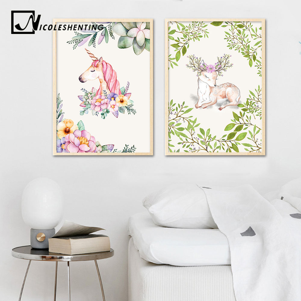 Watercolor Unicorn Deer Flower Nordic Posters Animal Canvas Prints Wall Art Painting Decorative Picture Modern Home Decor