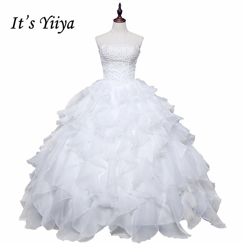 Free shipping Pearl White Wedding Ball Gowns Strapless Sleeveless Princess Vestidos De Novia Wedding Frock Bride Dress JSJ-99