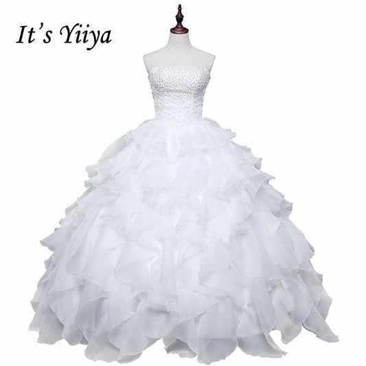 Free shipping Pearl White Wedding Ball Gowns Strapless Sleeveless Princess Vestidos De Novia Wedding Frock Bride Dress JSJ-99