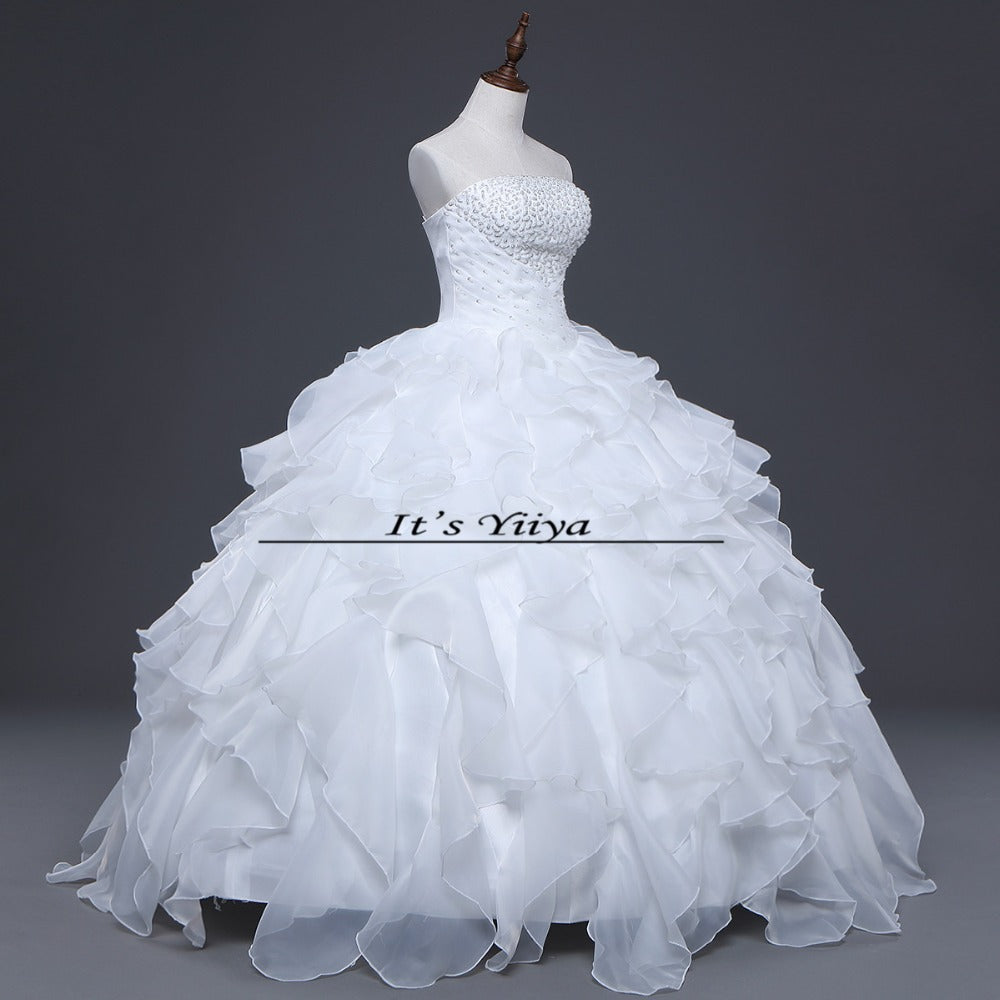 Free shipping Pearl White Wedding Ball Gowns Strapless Sleeveless Princess Vestidos De Novia Wedding Frock Bride Dress JSJ-99