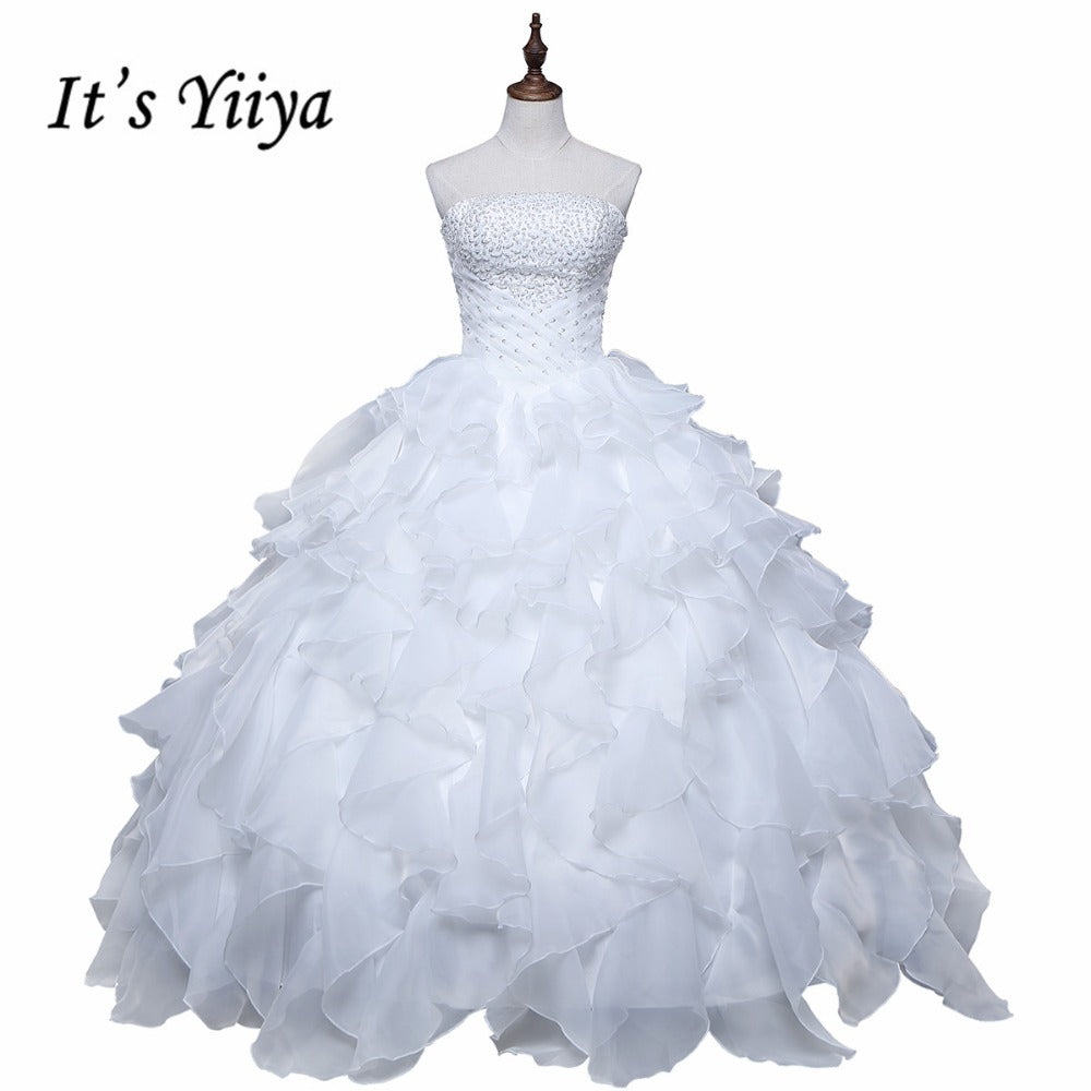 Free shipping Pearl White Wedding Ball Gowns Strapless Sleeveless Princess Vestidos De Novia Wedding Frock Bride Dress JSJ-99