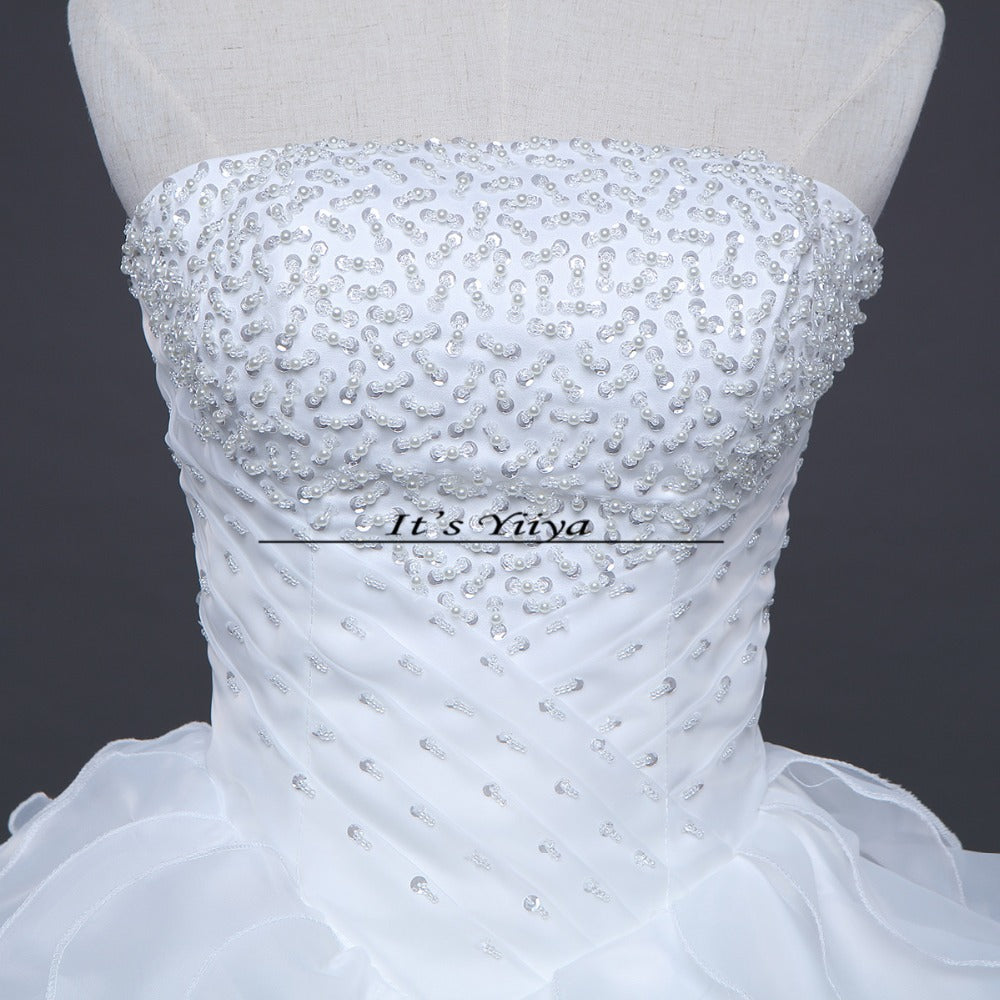 Free shipping Pearl White Wedding Ball Gowns Strapless Sleeveless Princess Vestidos De Novia Wedding Frock Bride Dress JSJ-99