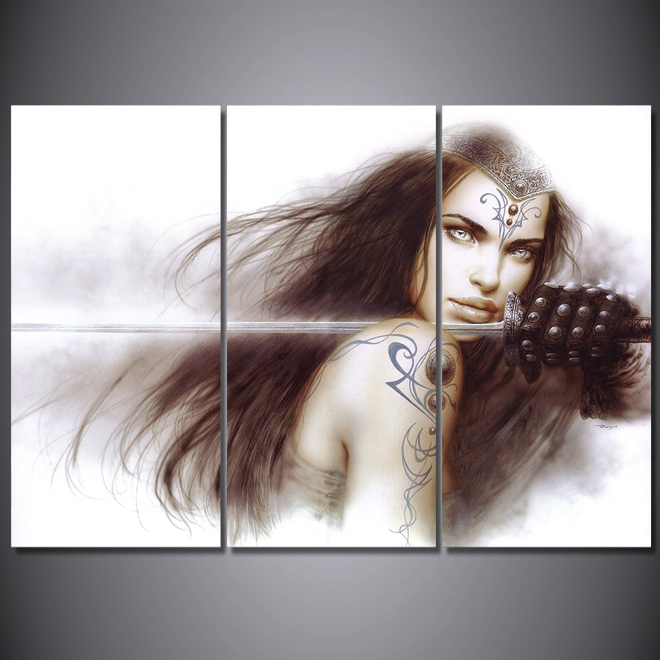 HD Printed 3 Piece Luis Royo Art Girl Sword Canvas Painting Large Framed Wall Pictures for Living Room Free Shipping CU-1858B