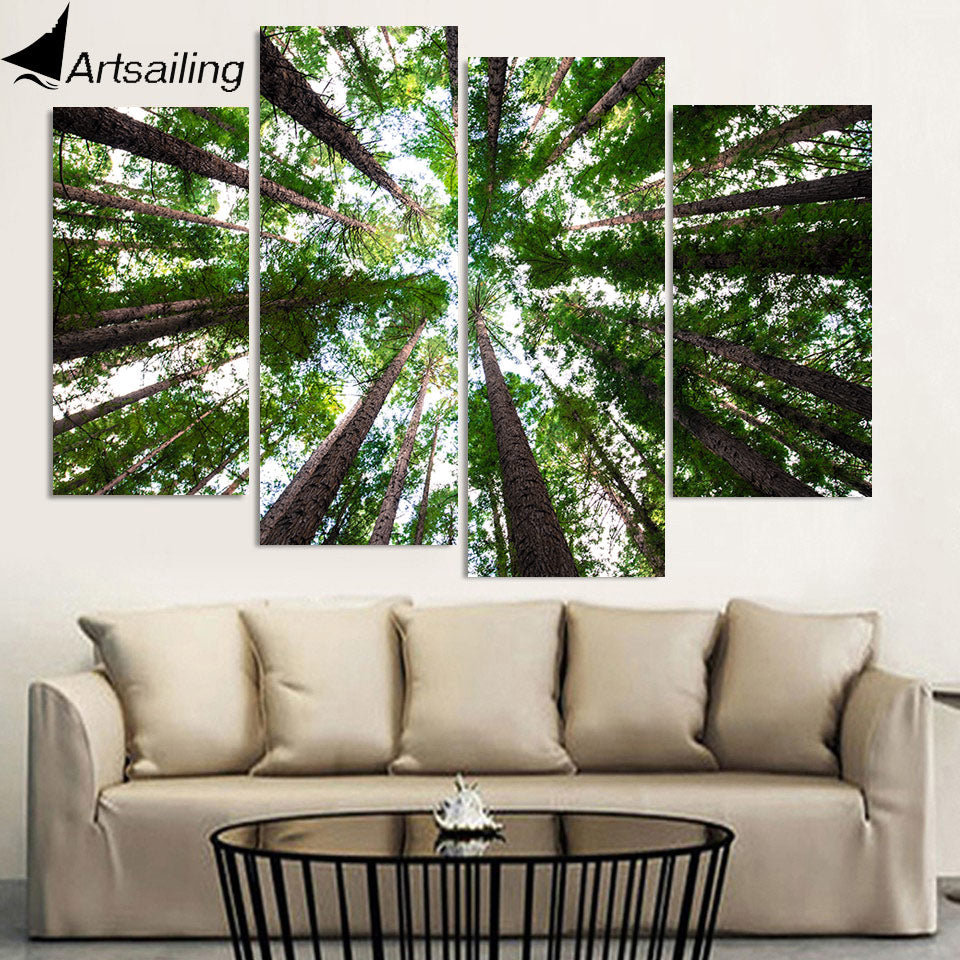 HD Printed 4 Piece Canvas Art Green Forest Painting Framed Tall Tree Wall Pictures for Living Room Modern Free Shipping NY-6998D