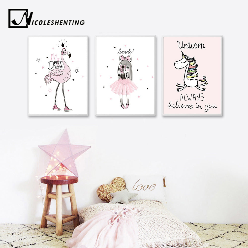 Cartoon Girl Unicorn Flamingo Poster and Print Wall Art Canvas Painting Nordic Style Nursery Picture for Living Room Home Decor