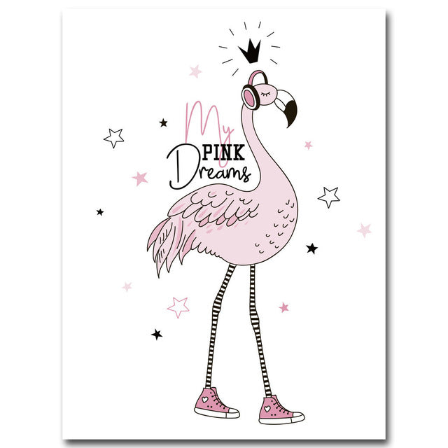Cartoon Girl Unicorn Flamingo Poster and Print Wall Art Canvas Painting Nordic Style Nursery Picture for Living Room Home Decor