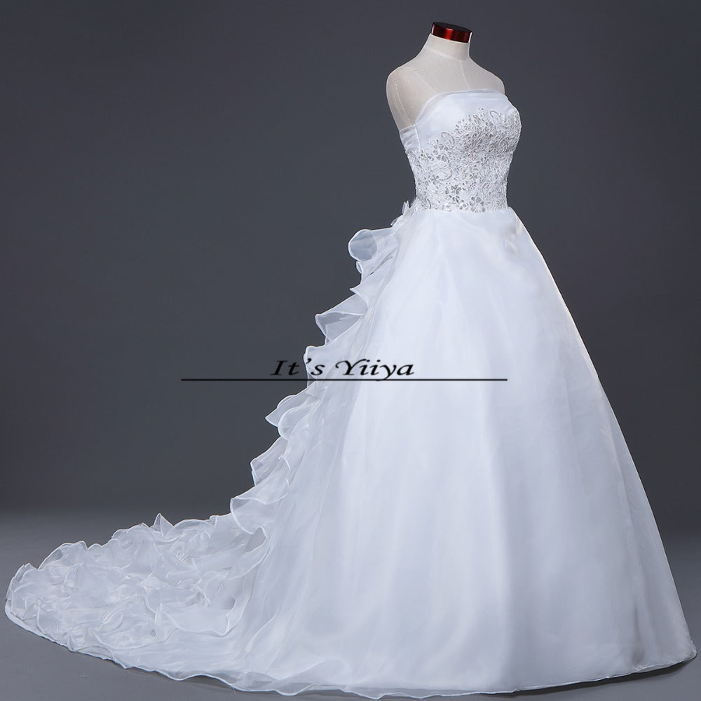 Free shipping Korean Style White Strapless Brush Train Wedding Dresses Ruffles Trailing Cheap Bride Gowns Plus size XXN039