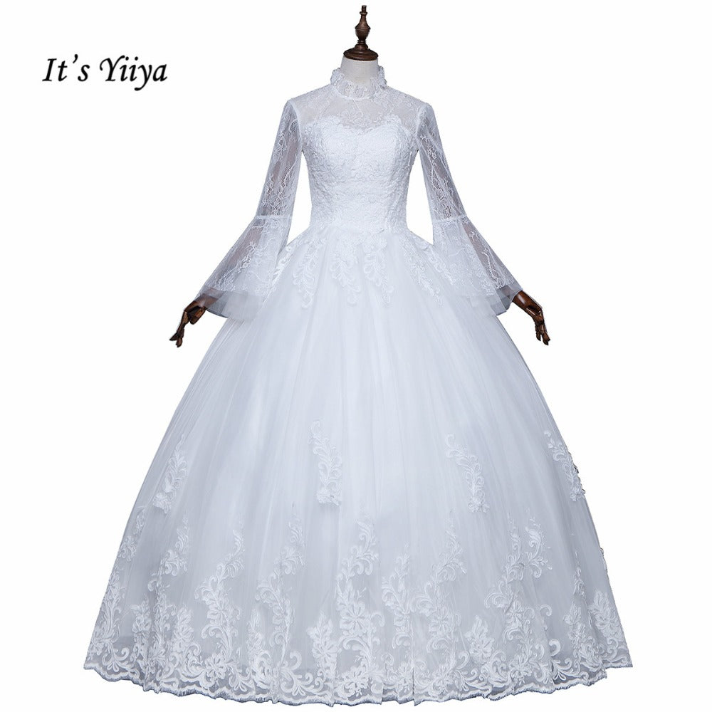 Free Shipping High neck Vestidos De Novia Off white dress Bridal Ball gowns Long sleeve Frocks Elegant Wedding dresses IY030