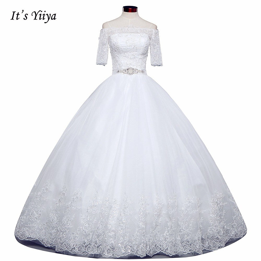 2017 New Arrival Free Shipping Off white Wedding dresses Boat Neck Bridal Ball gowns Half Sleeve Frocks Vestidos De Novia IY022