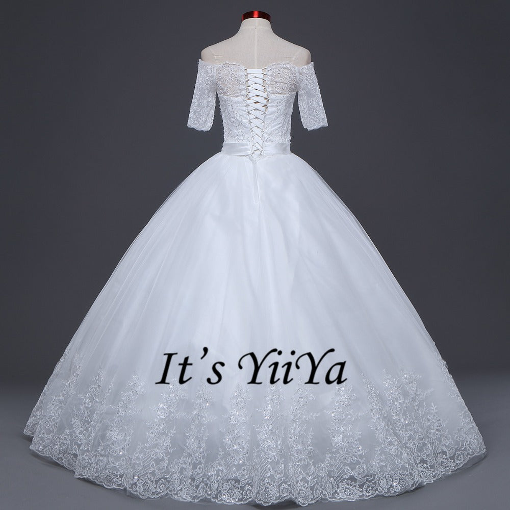 2017 New Arrival Free Shipping Off white Wedding dresses Boat Neck Bridal Ball gowns Half Sleeve Frocks Vestidos De Novia IY022