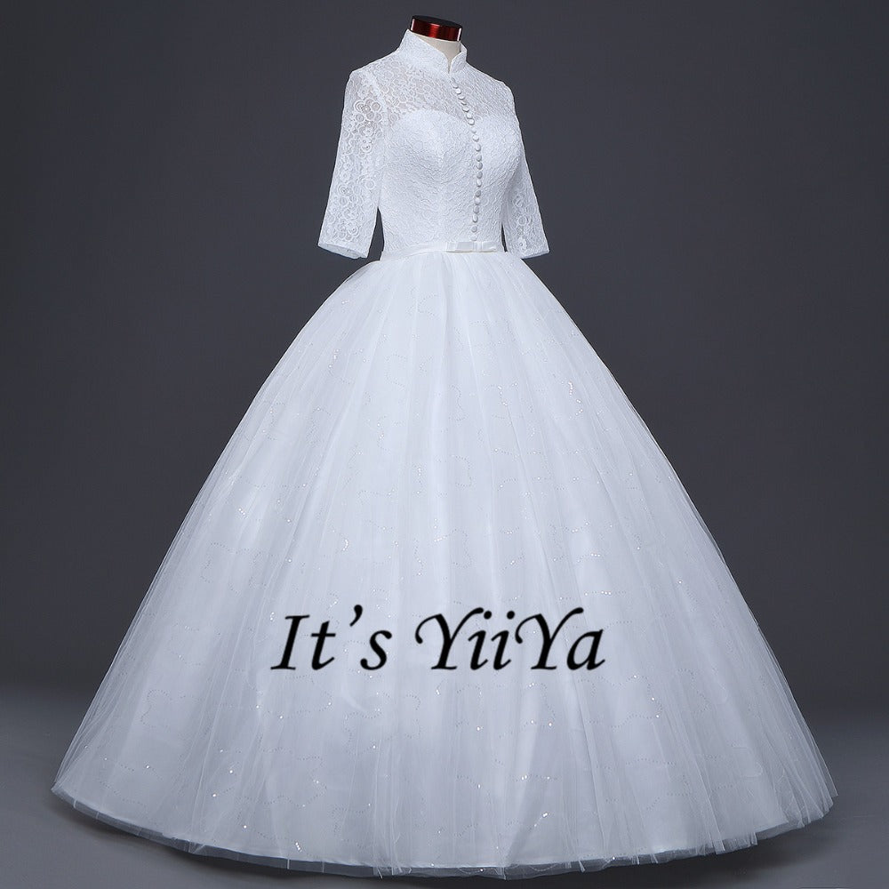 Free shipping White Wedding Ball Gowns High neck Three Quarter Sleeves Princess Vestidos De Novia Lovely Frock Bride Dress IY001
