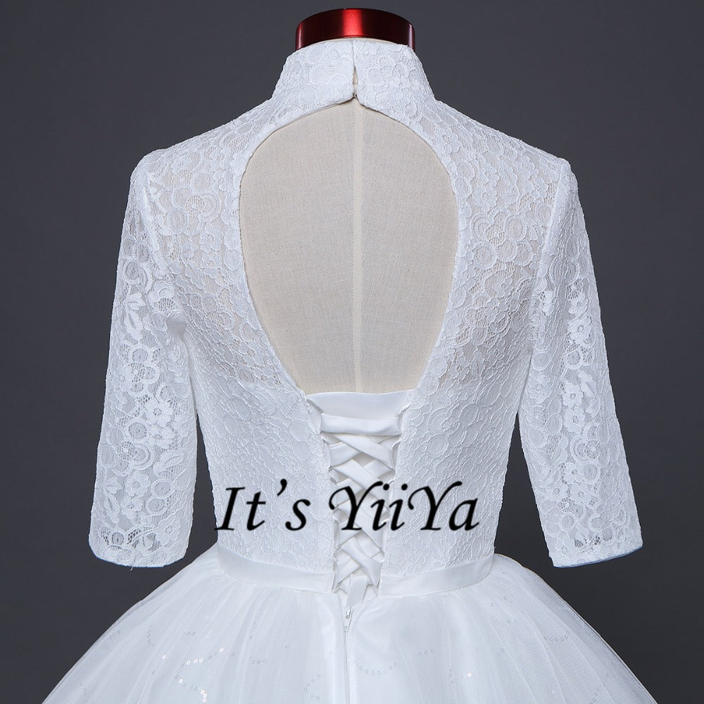 Free shipping White Wedding Ball Gowns High neck Three Quarter Sleeves Princess Vestidos De Novia Lovely Frock Bride Dress IY001