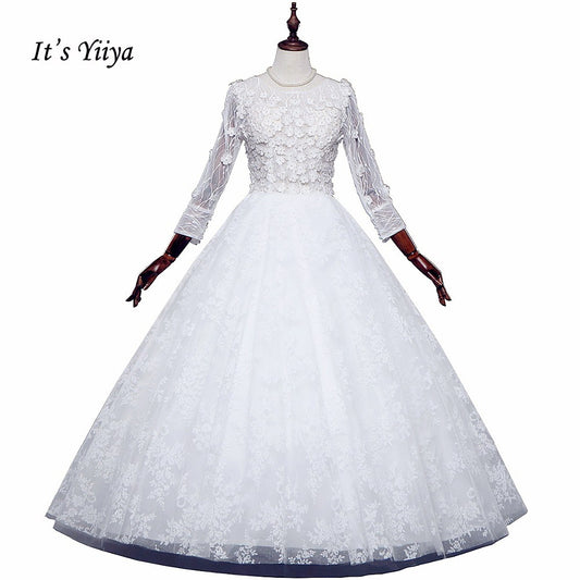 Free Shipping Wedding dresses O-neck Vestidos De Novia Off white dress Bridal Ball gowns Long sleeve Frocks Appliques IY031