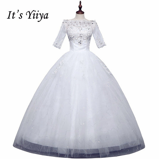 Free shipping YiiYa Red Boat Neck Wedding Dresses Bride Princess Ball Gowns Cheap Bridal Vestidos De Novia Half Sleeves XXN144